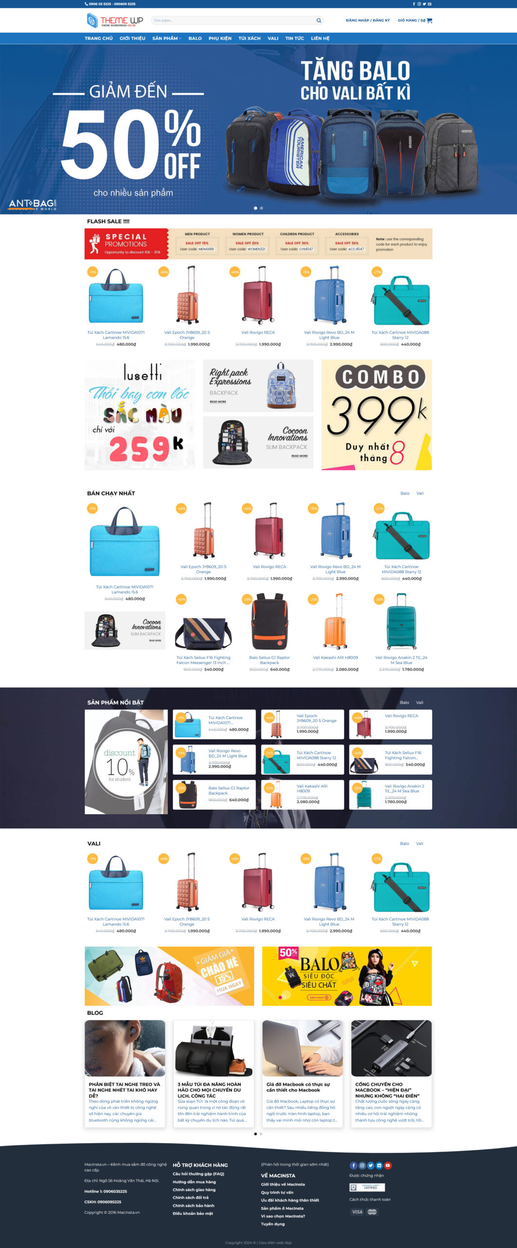 Giao diện Website Bán Balo Túi Xách 02 giới thiệu trang chủ thời trang phụ kiện tone xanh, banner giảm giá nổi bật