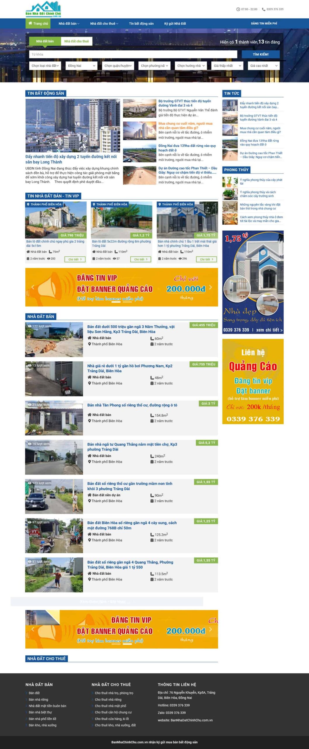 Website Bán Đất Bất Động Sản Chính Chủ – giao diện website đăng tin nhà đất với tìm kiếm nâng cao và danh sách tin VIP