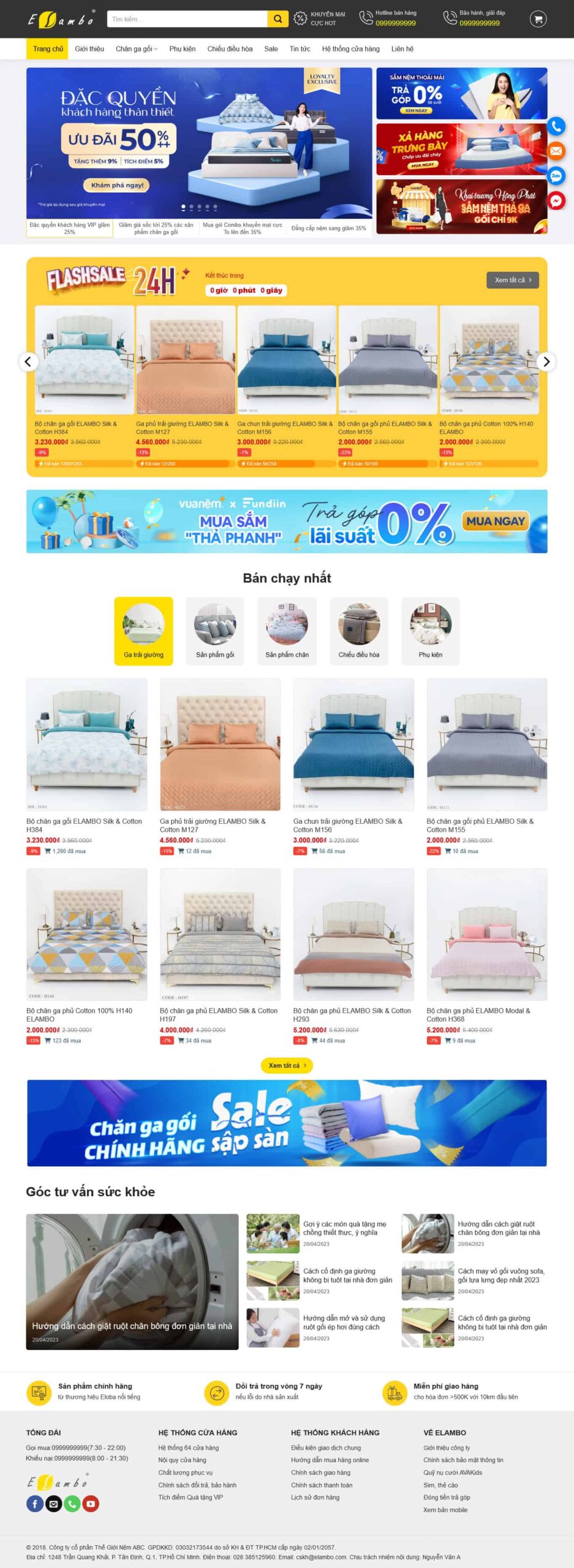 Website Bán Nệm giao diện website bán hàng nệm và chăn ga gối hiển thị sản phẩm và chương trình khuyến mãi chuyên nghiệp