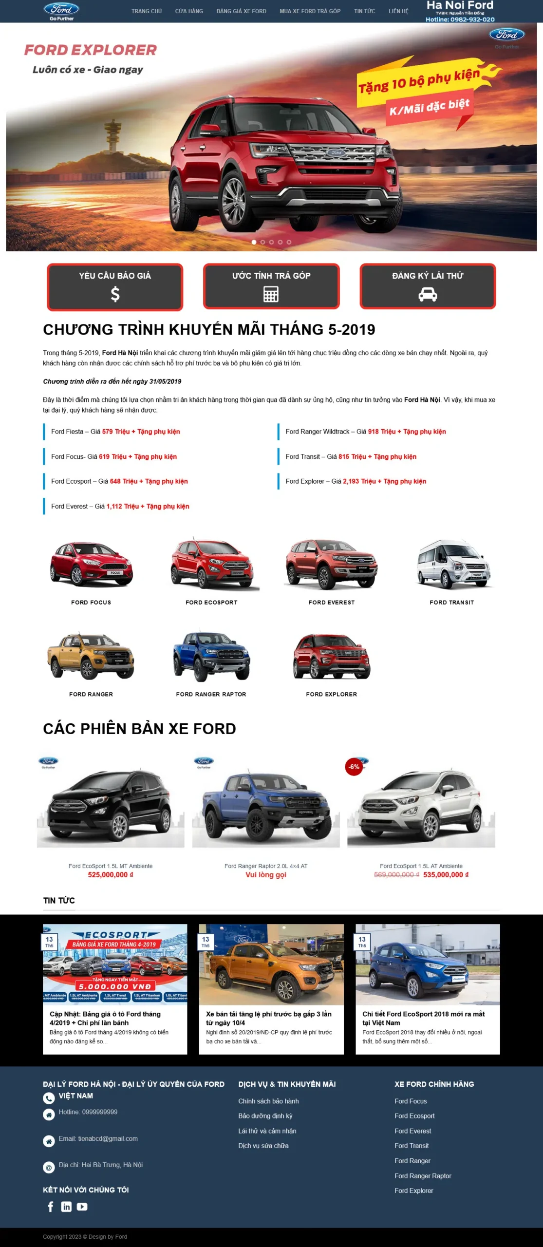 Website Bán Oto Ford giao diện website bán hàng xe Ford với banner khuyến mãi, danh sách dòng xe và nút đăng ký lái thử nổi bật