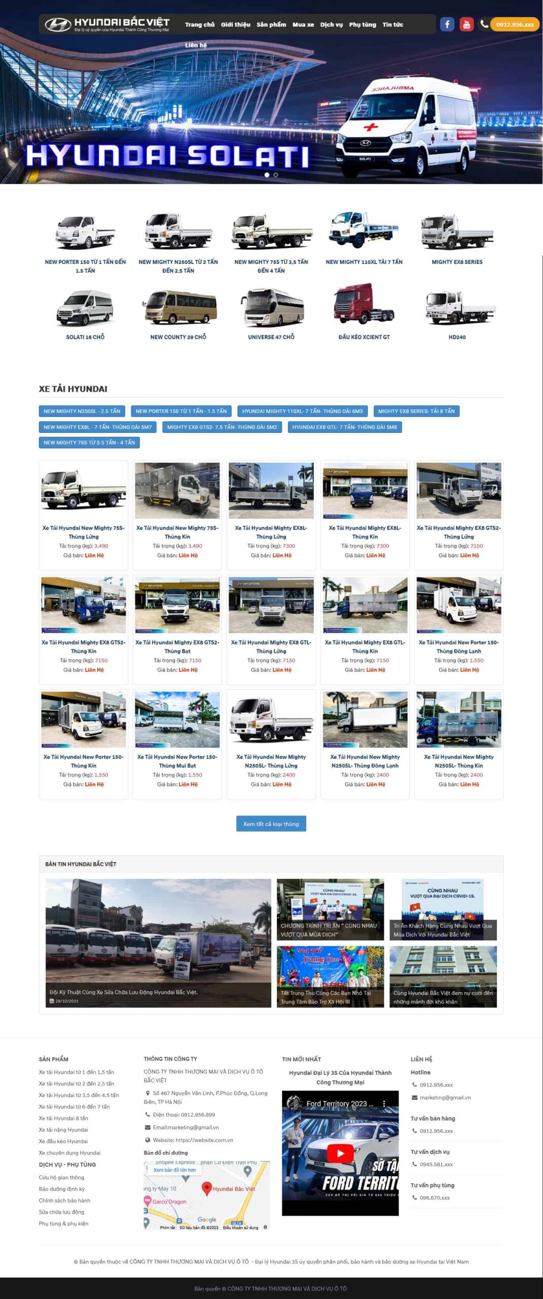 Website Bán Oto Hyundai 01 giao diện website đại lý Hyundai với danh sách xe tải và thông tin kỹ thuật rõ ràng