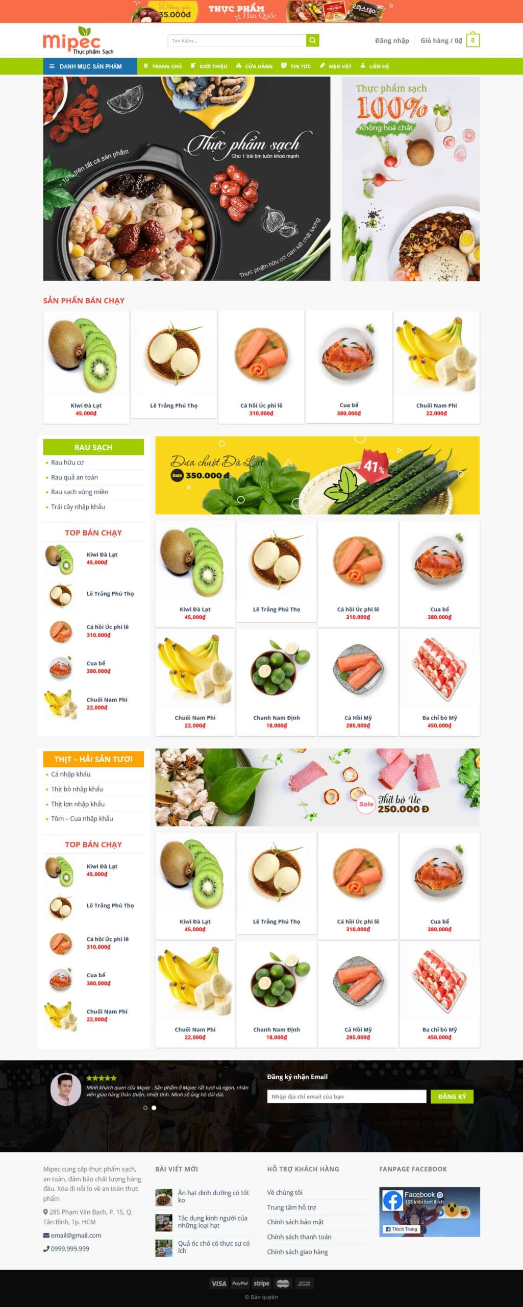 Giao diện Website Bán Thực Phẩm 11 thực phẩm sạch rau củ trái cây thịt hải sản bán hàng online