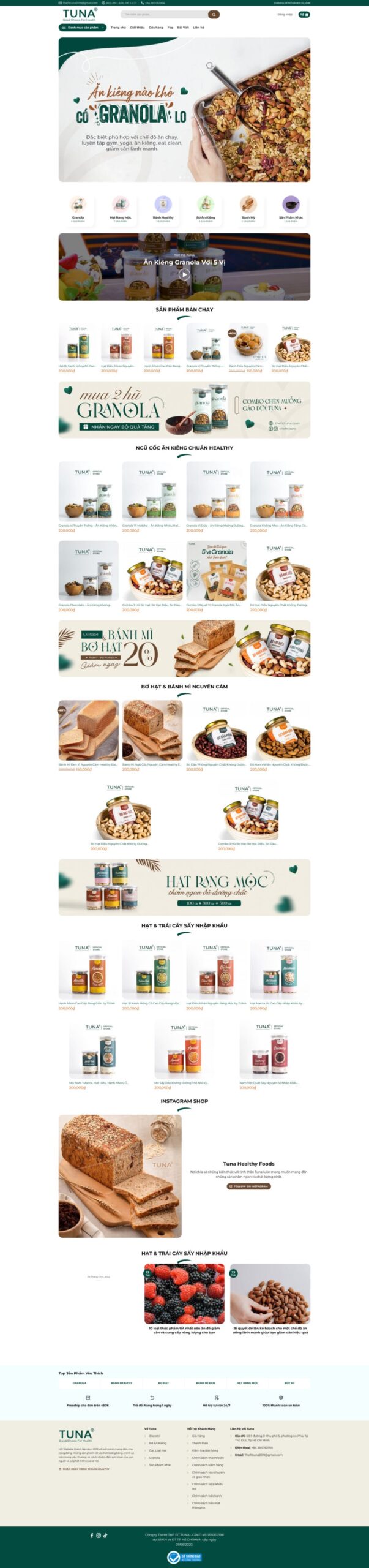 Website Bán Thực Phẩm Sạch 01 giao diện bán granola thực phẩm healthy ngũ cốc ăn kiêng online chuyên nghiệp