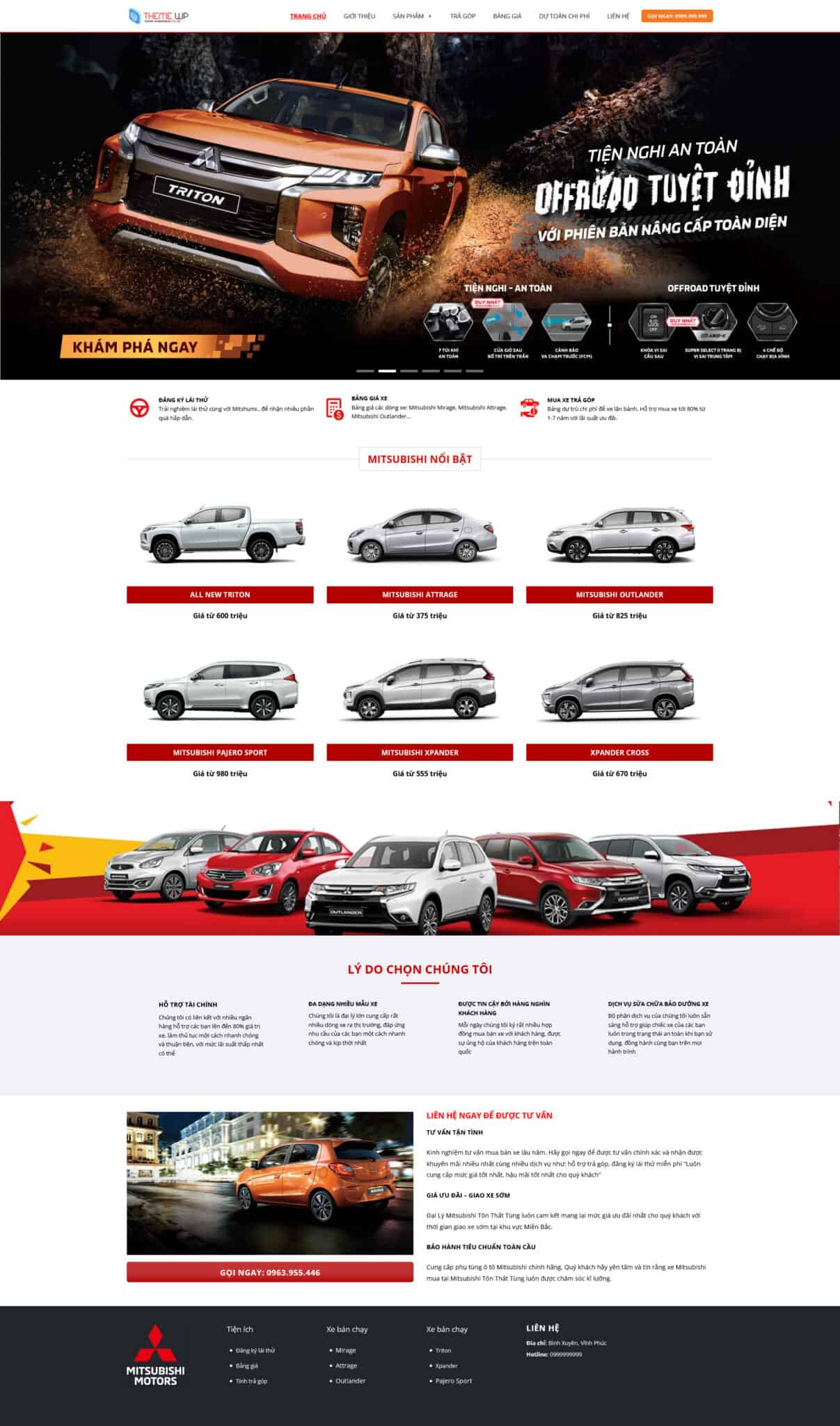 Website Bán Xe Mitsubishi giao diện website bán hàng xe Mitsubishi với banner xe nổi bật, danh sách mẫu xe và nút đăng ký lái thử rõ ràng
