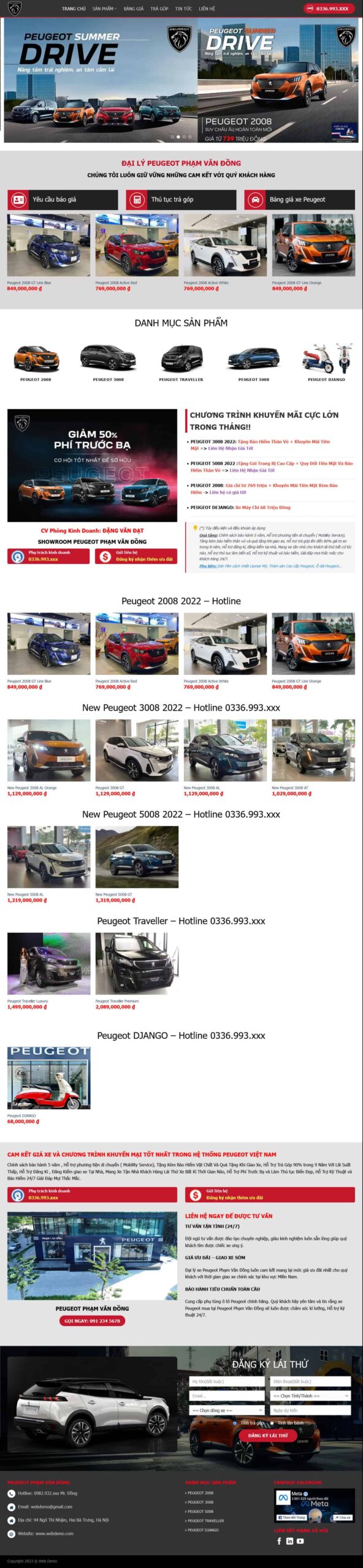 Website Bán Xe Peugeot giao diện website đại lý Peugeot với danh sách xe, giá bán và chương trình khuyến mãi rõ ràng
