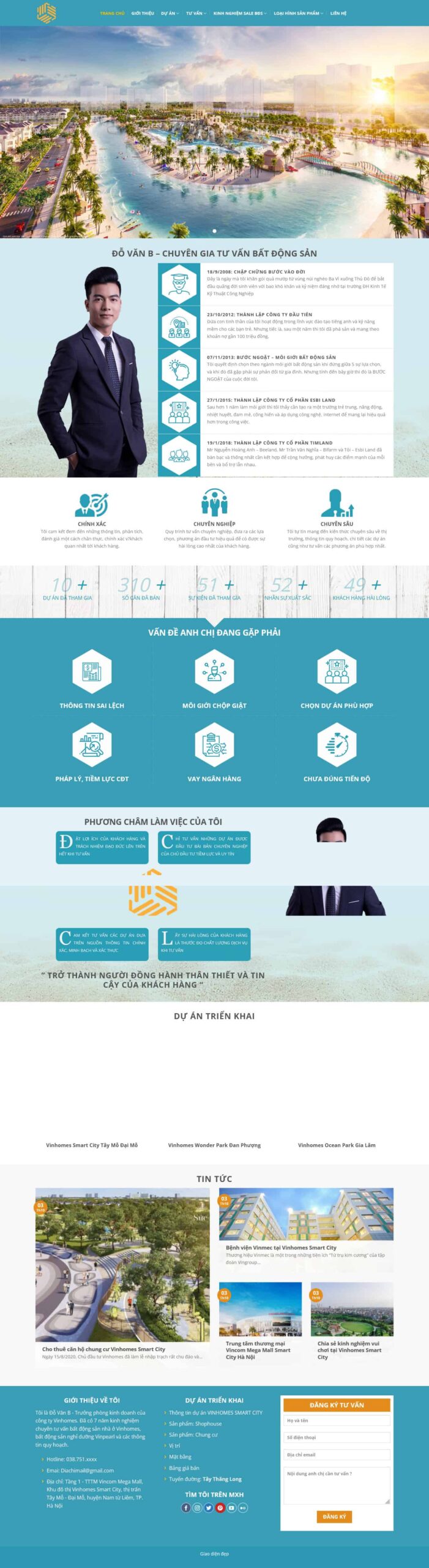 Website Bất Động Sản 27 – giao diện website cá nhân môi giới bất động sản với hồ sơ chuyên gia và form tư vấn