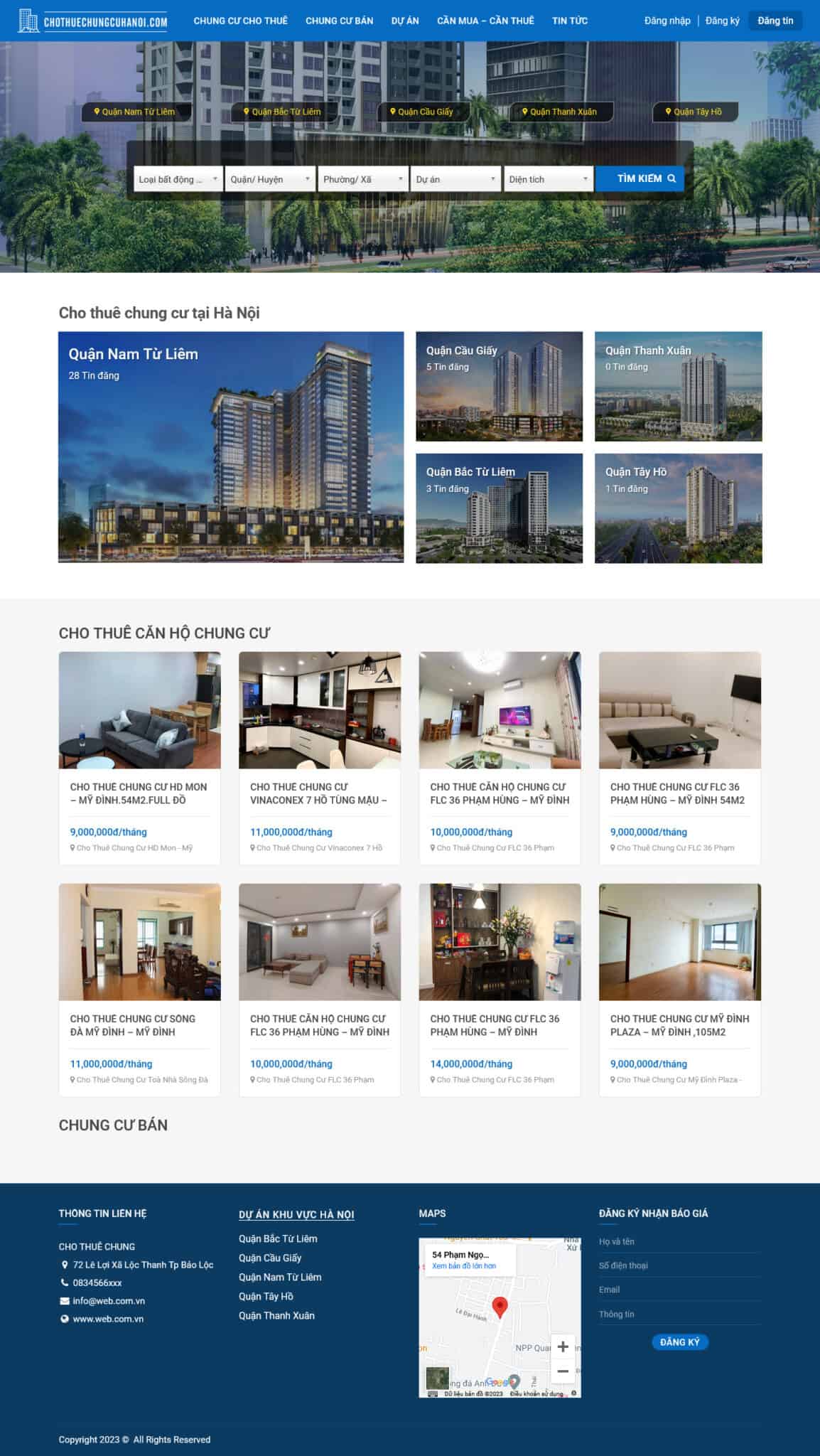 Website Bất Động Sản 29 – giao diện website cho thuê căn hộ với tìm kiếm khu vực và danh sách căn hộ hiện đại