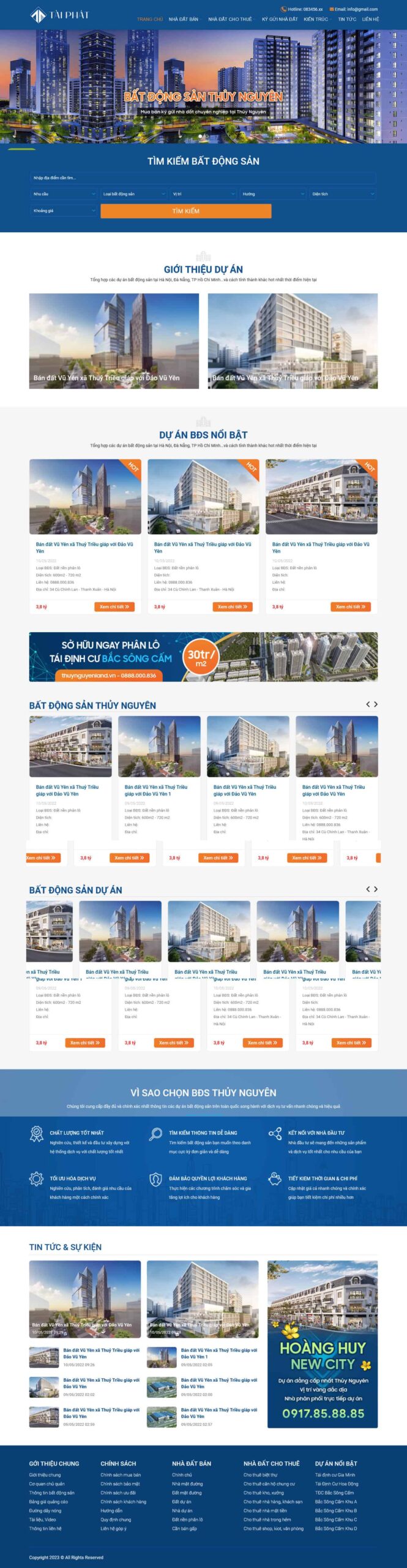 Website Bất Động Sản 30 – giao diện website môi giới bất động sản với tìm kiếm và danh sách dự án hiện đại