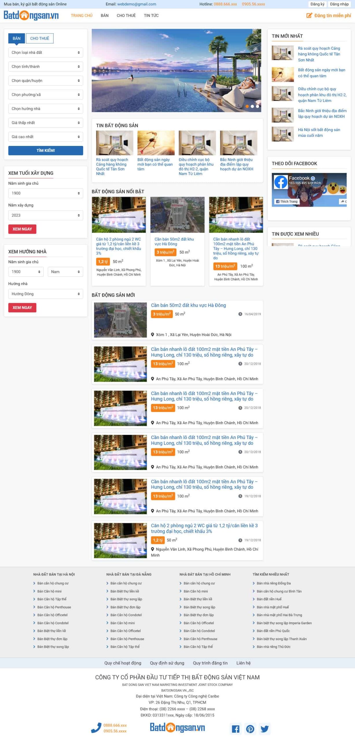 Website Bất Động Sản 34 – giao diện website đăng tin bất động sản với tìm kiếm nâng cao và danh sách tin chi tiết