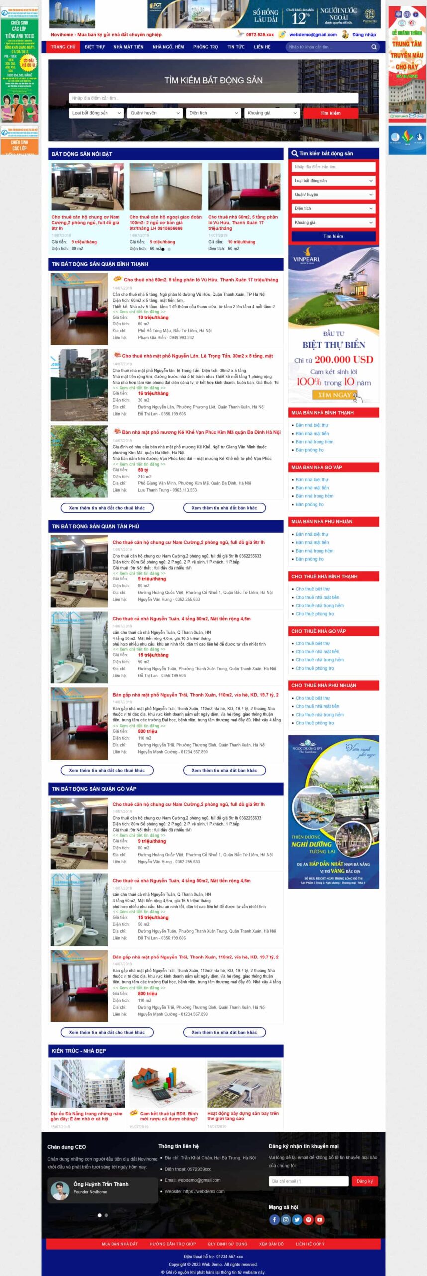 Website Bất Động Sản 38 – giao diện website đăng tin bất động sản với danh sách theo khu vực và tìm kiếm nâng cao