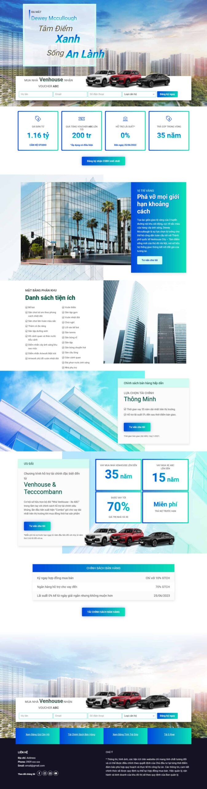 Website Bất Động Sản Cần Thơ – giao diện landing page căn hộ với ưu đãi tài chính và form đăng ký hiện đại