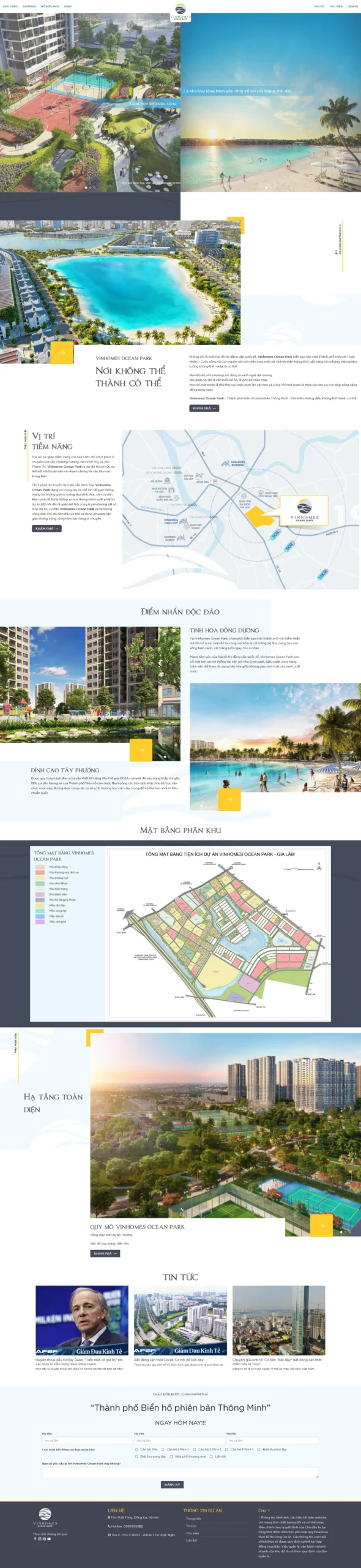 Website Bất Động Sản Ocean Park – giao diện landing page khu đô thị sinh thái với hồ nước, tiện ích và quy hoạch hiện đại