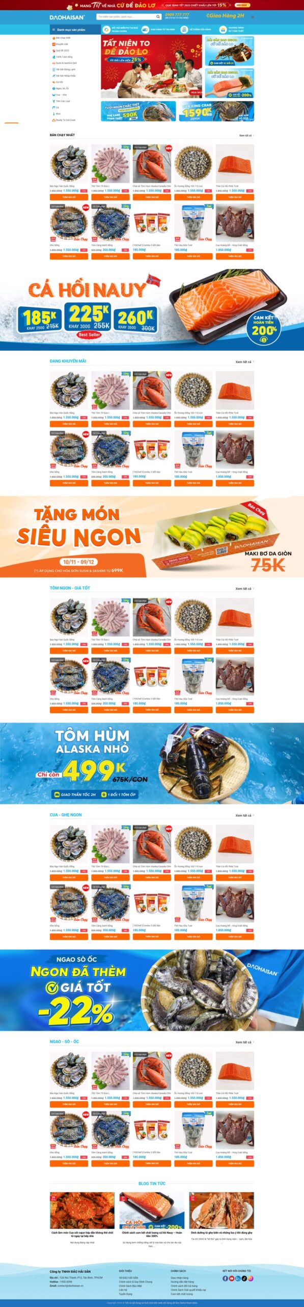 Giao diện Website Đảo Hải Sản chuẩn SEO cho cửa hàng kinh doanh hải sản tươi sống, đông lạnh và thực phẩm sạch.