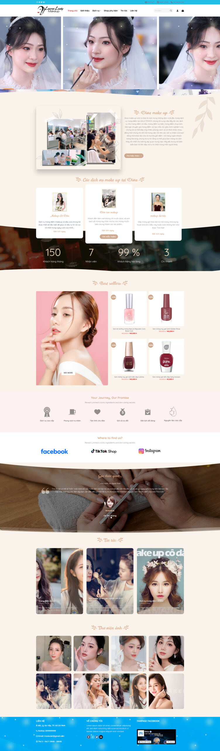 Giao diện Website Dạy Trang Điểm Makeup Cô Dâu – bố cục giới thiệu khóa học và dịch vụ makeup