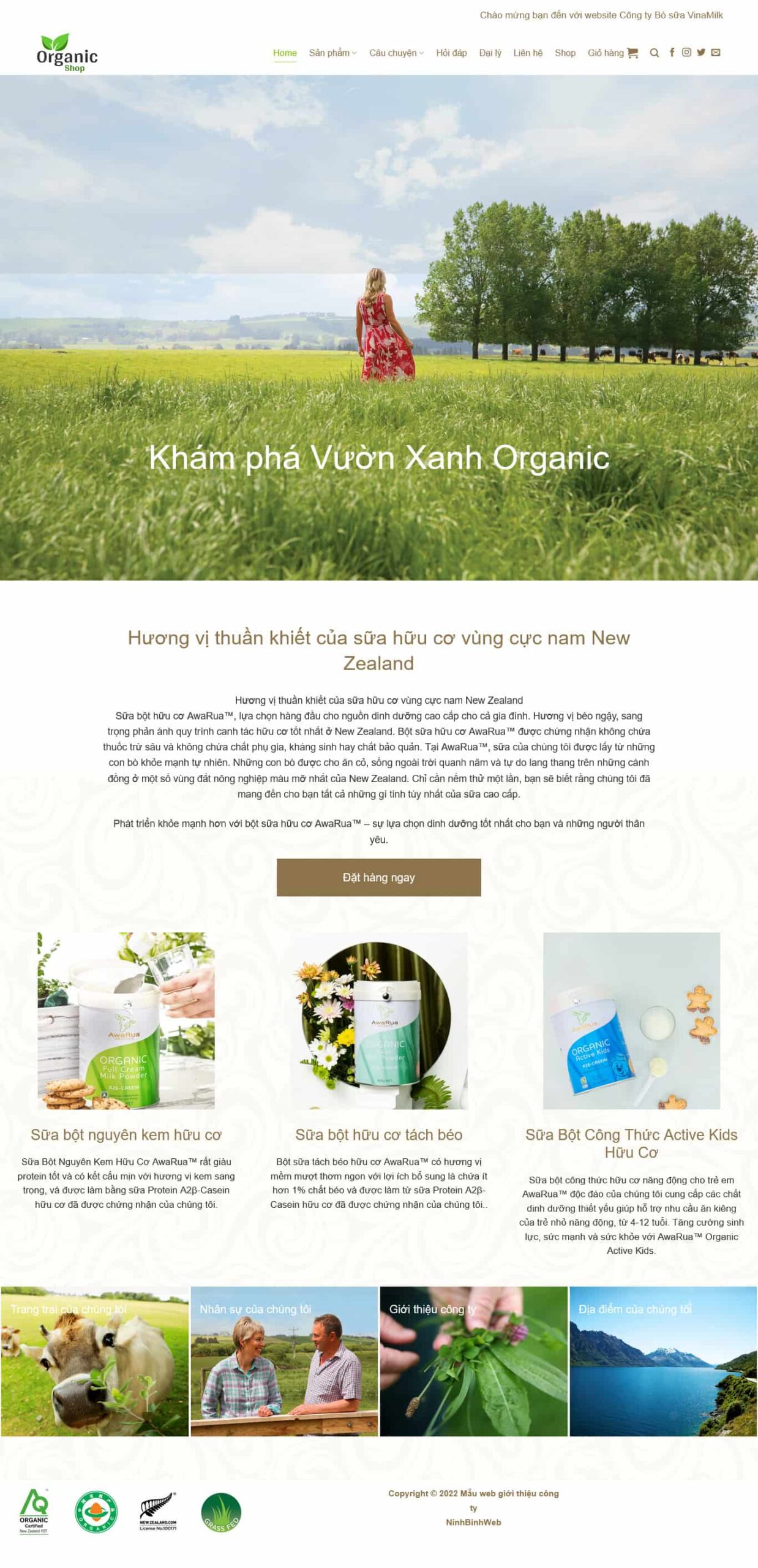 Website Giới Thiệu Công Ty Sữa Hữu Cơ giao diện website công ty sữa organic tự nhiên, chuẩn SEO, tối ưu hiển thị sản phẩm và thương hiệu