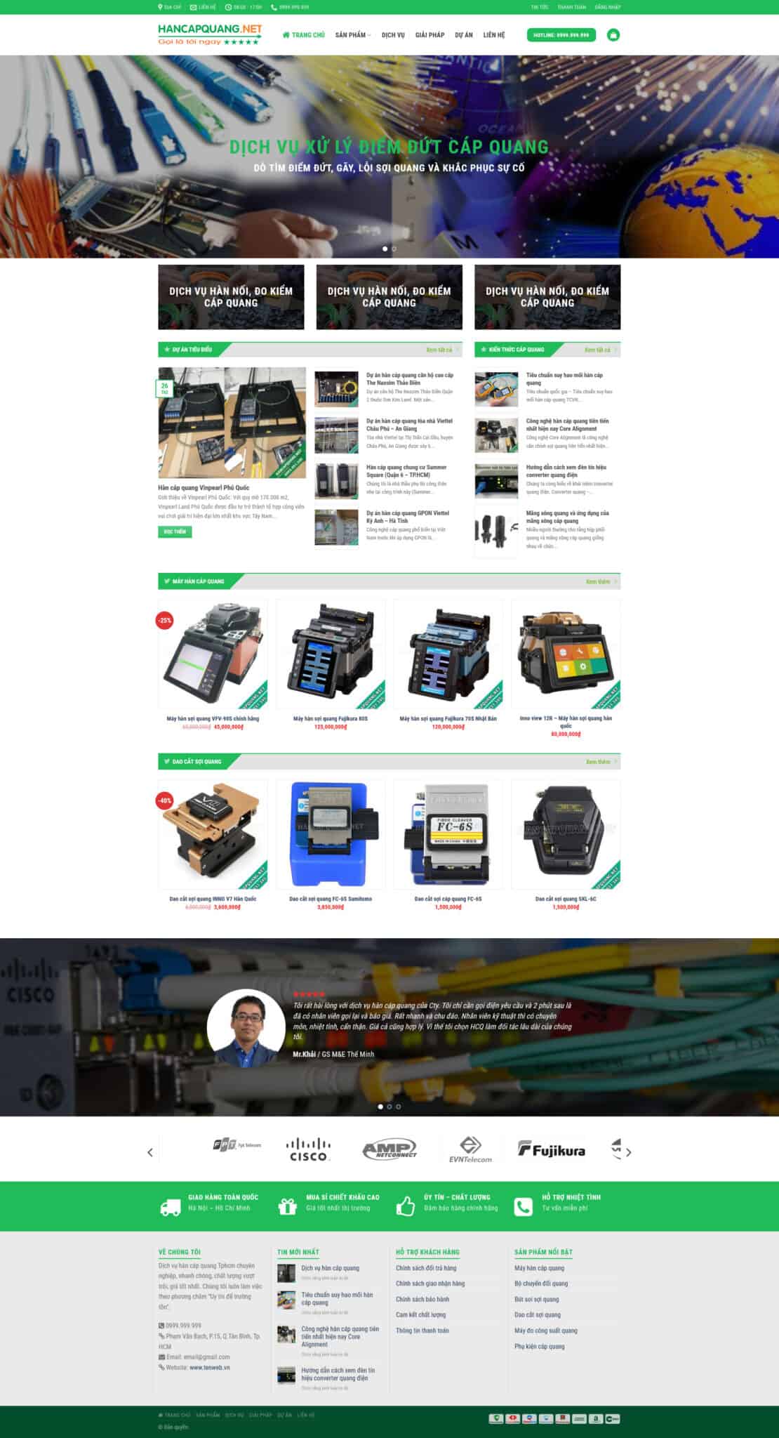 Website Hàn Cáp Quang – giao diện website dịch vụ hàn nối và xử lý sự cố cáp quang chuyên nghiệp, bố cục rõ ràng.