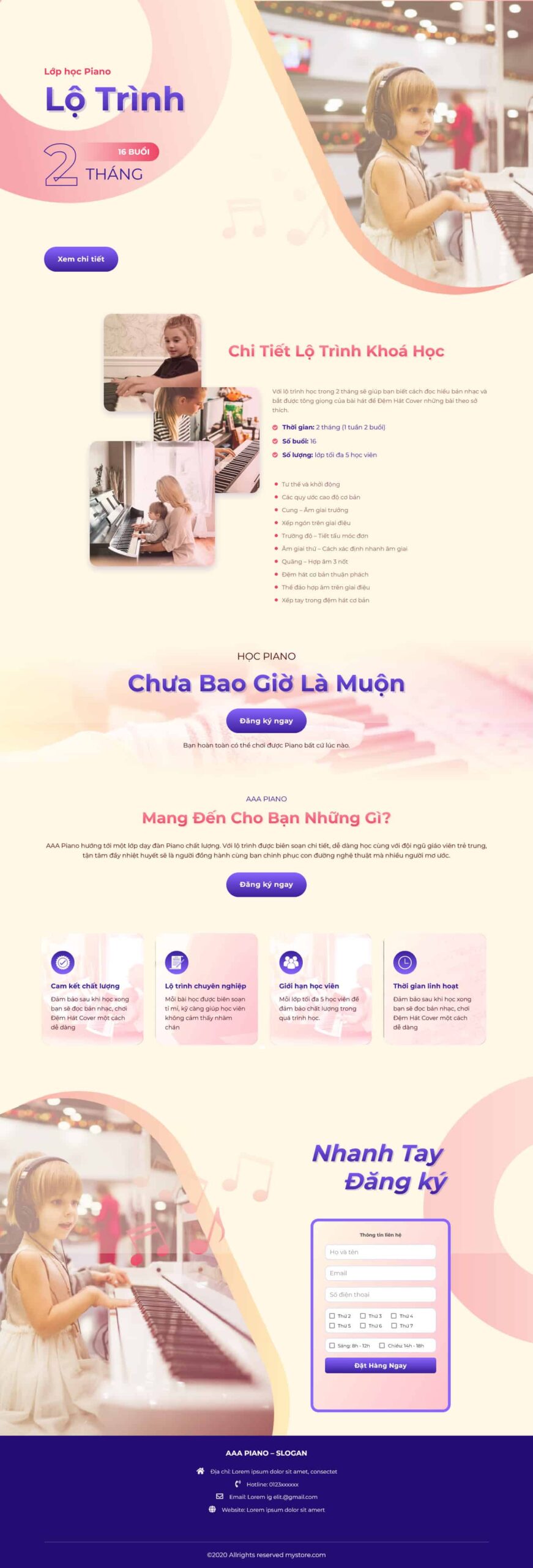 Website Landing Page Dạy Đàn Piano giao diện giới thiệu lộ trình học Piano cho trẻ em và người mới bắt đầu