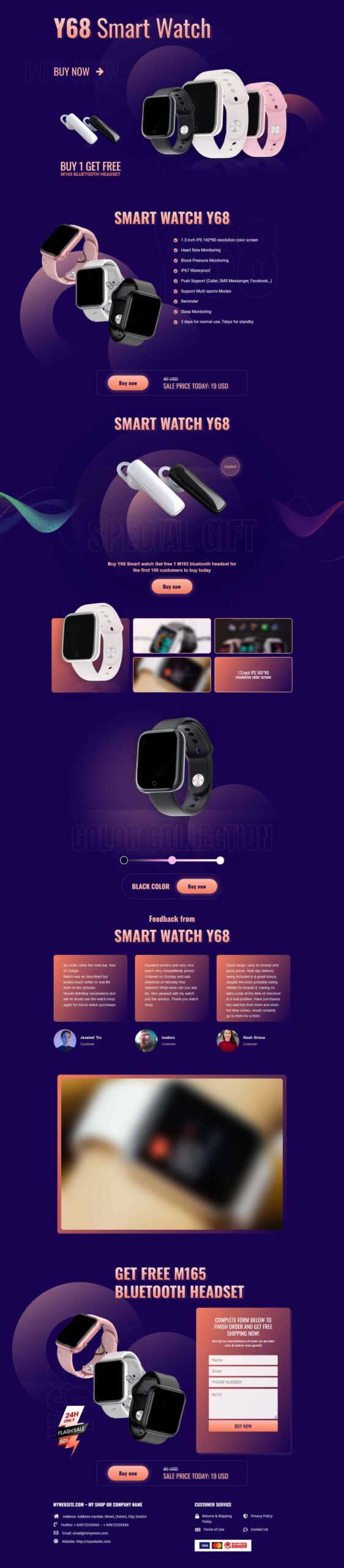 Website Landing Page Đồng Hồ Thông Minh giao diện bán hàng Smart Watch Y68 hiện đại