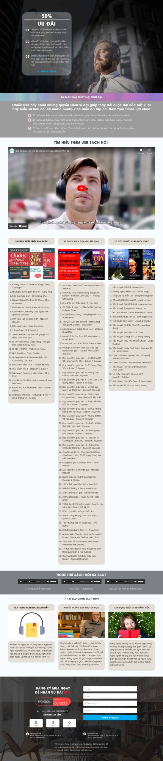 Website Landing Page USB Sách giao diện bán hàng USB sách nói với kho sách kinh điển giá trị