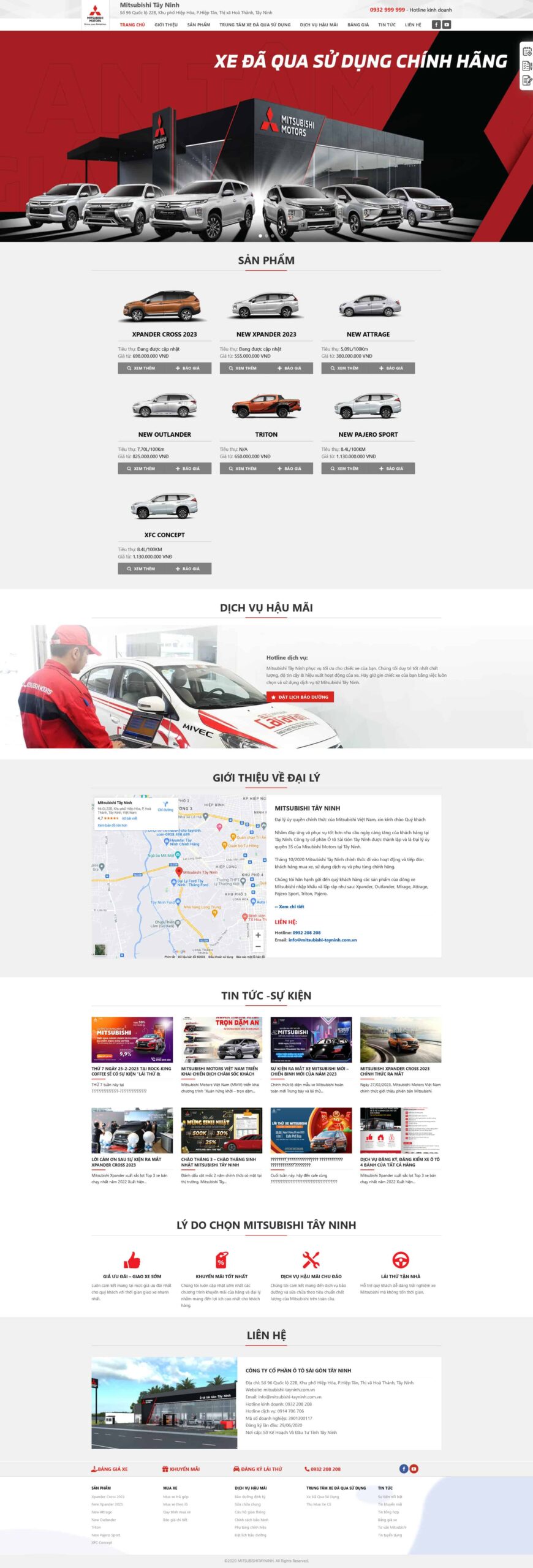 Website Mua Bán Xe Oto Cũ giao diện website đại lý Mitsubishi với danh sách xe đã qua sử dụng và giá bán rõ ràng