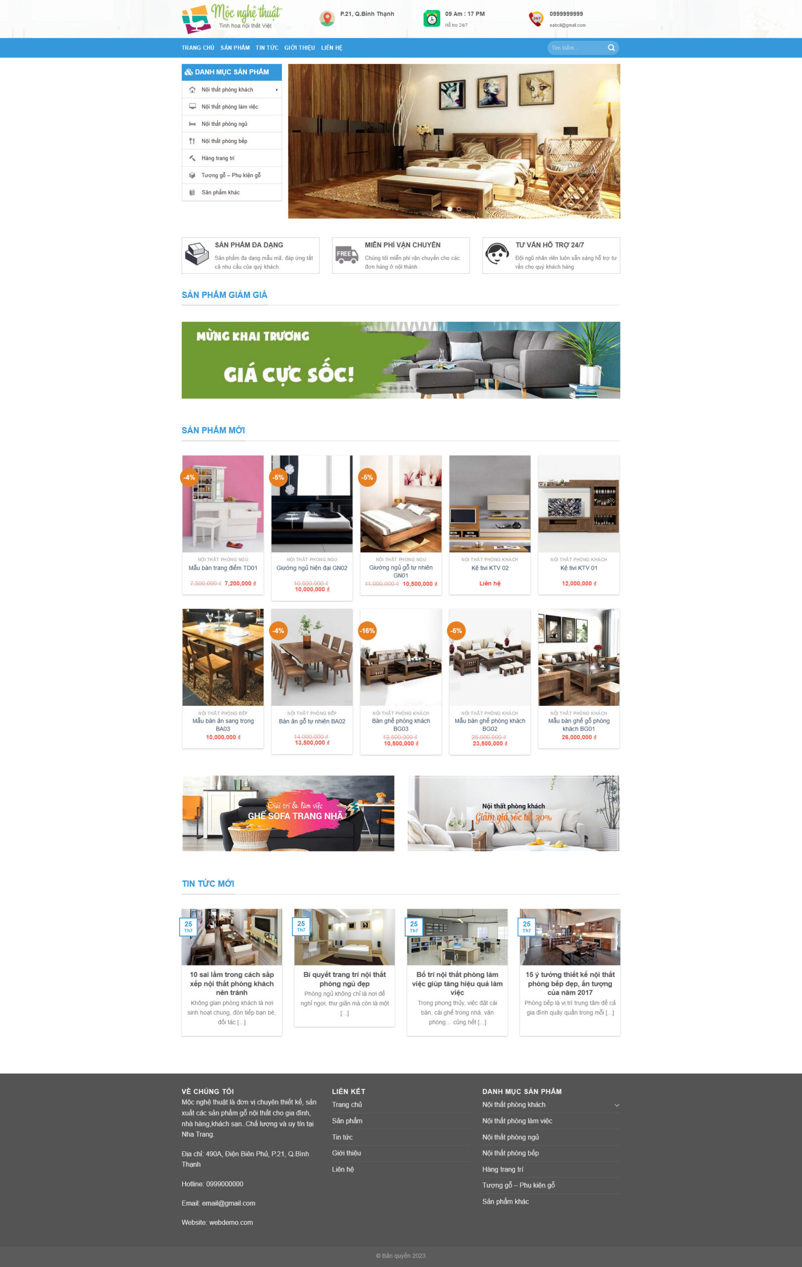 Website Nội Thất Mộc giao diện website bán hàng nội thất gỗ với danh mục sản phẩm đa dạng và bố cục rõ ràng