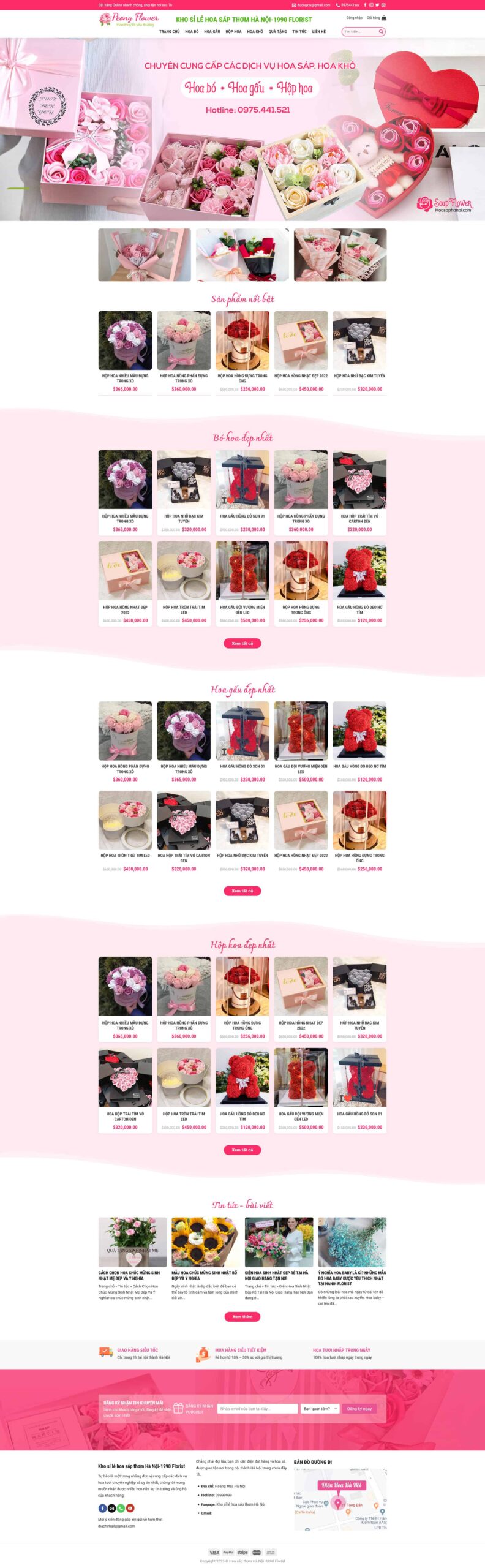 Giao diện Website Shop Hoa Tươi 03 giới thiệu trang chủ shop hoa tone hồng, trưng bày sản phẩm theo bộ sưu tập