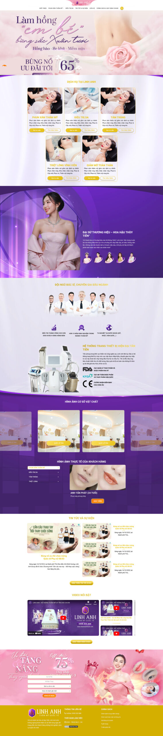 Giao diện Website Spa Thẩm Mỹ 18 giới thiệu landing page spa tone tím, có ưu đãi và form đăng ký tư vấn