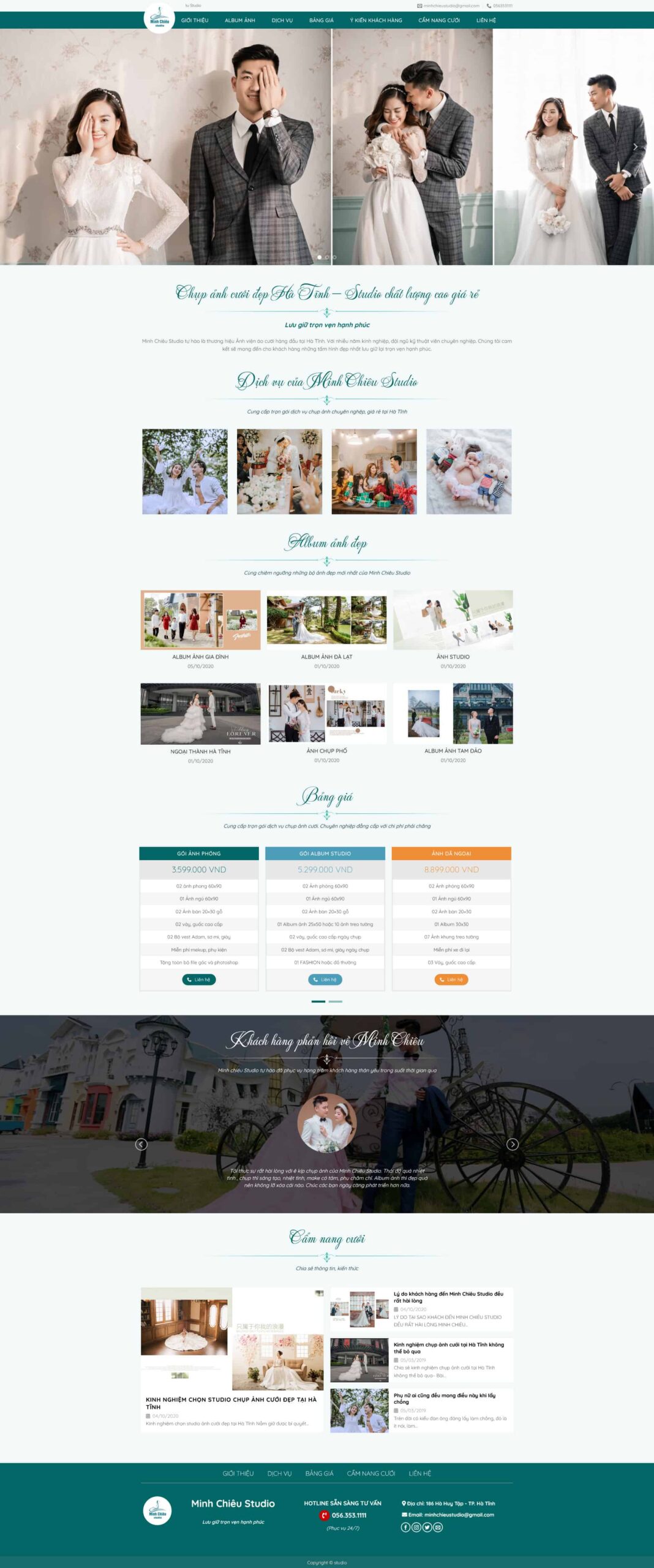 Giao diện Website Studio Áo Cưới 02 giới thiệu studio chụp ảnh cưới onepage, có album ảnh và bảng giá rõ ràng