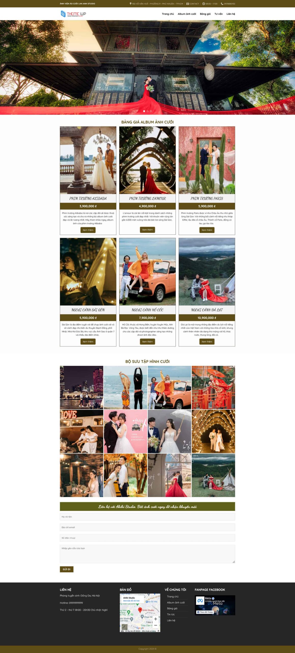 Giao diện Website Studio Áo Cưới 04 giới thiệu landing page studio cưới, có bảng giá gói chụp và gallery hình cưới