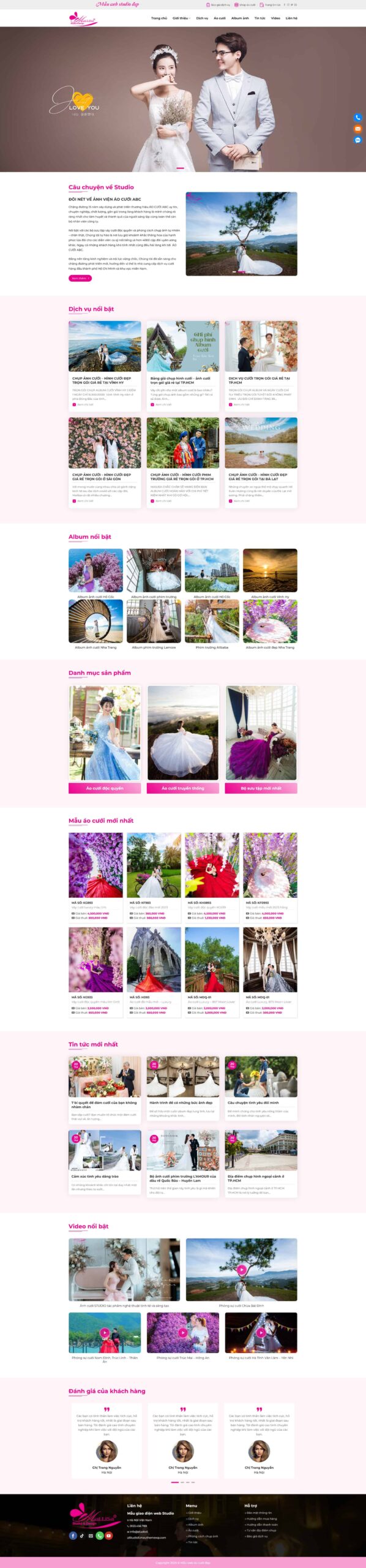 Giao diện Website Studio Áo Cưới 05 giới thiệu landing page studio ảnh cưới tone hồng, có album và mẫu áo cưới mới nhất