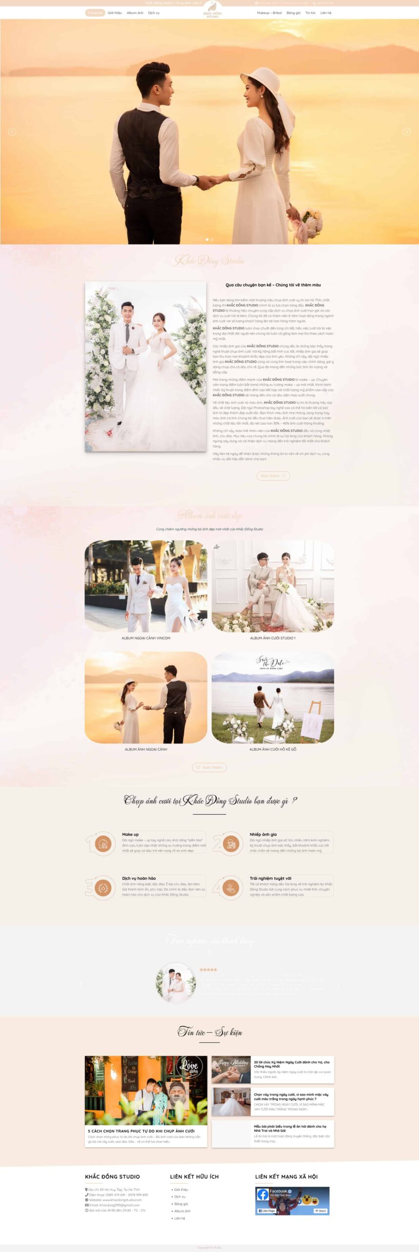 Giao diện Website Studio Áo Cưới giới thiệu landing page studio ảnh cưới tinh tế, có album ảnh ngoại cảnh và studio