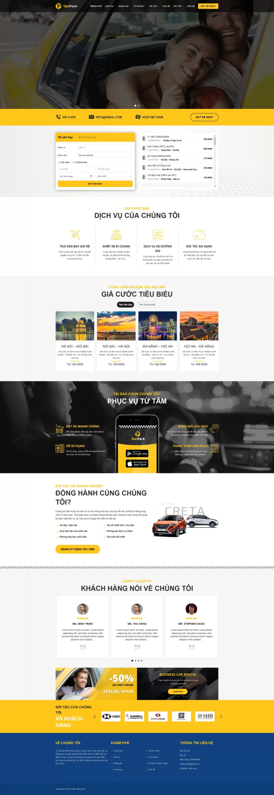 Website Taxi 05 giao diện website dịch vụ taxi với form đặt xe trực tuyến và bảng giá cước rõ ràng