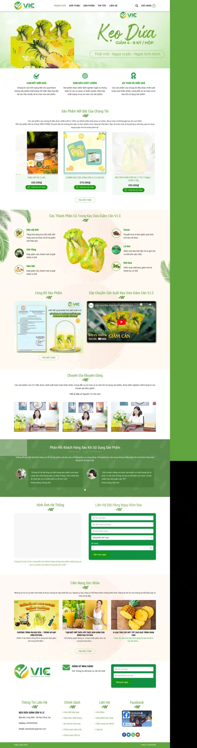 Giao diện Website Thực Phẩm Kẹo Dứa kẹo dứa giảm cân V.I.C bán hàng online