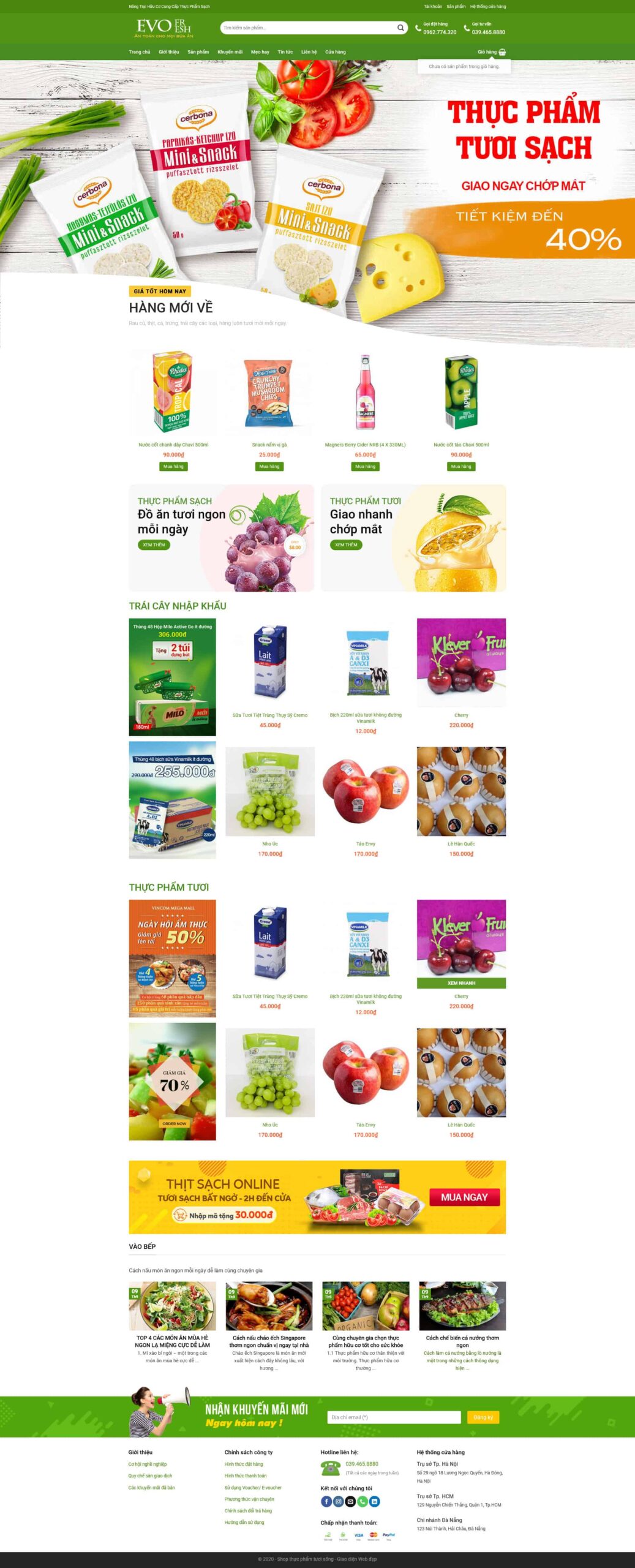 Giao diện Website Thực Phẩm Trái Cây Sạch bán trái cây nhập khẩu và thực phẩm tươi online