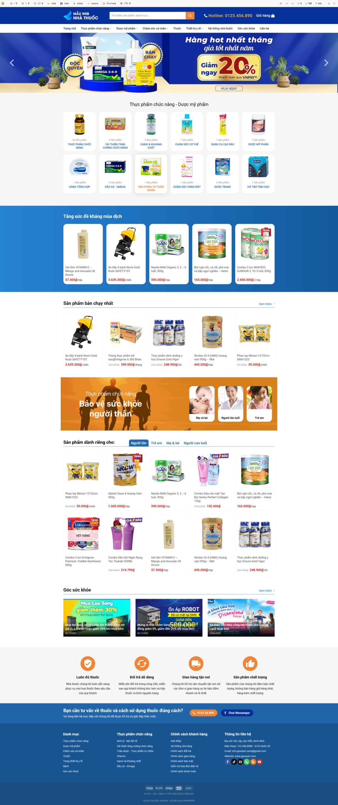 Website Tiệm Thuốc Tây giao diện website bán thuốc tây và sản phẩm sức khỏe chuẩn SEO cho nhà thuốc kinh doanh online